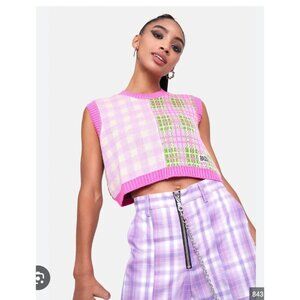 Ragged Jeans Lyric Sweater Vest Womens Medium Pink Patchwork Plaid Knit Cropped